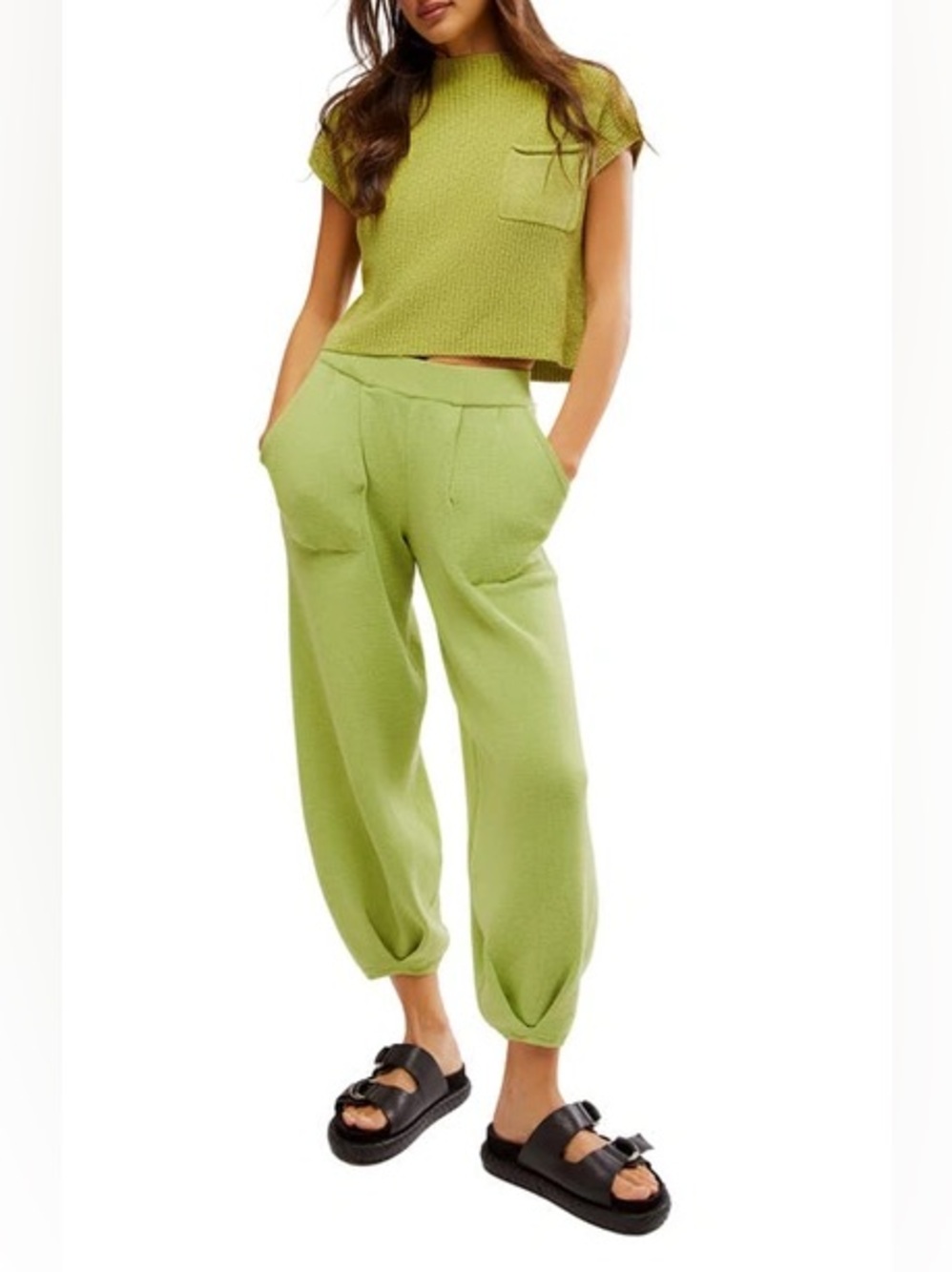 Free People Beach Freya Short Sleeve Sweater & Pant SET Peridot Green XS